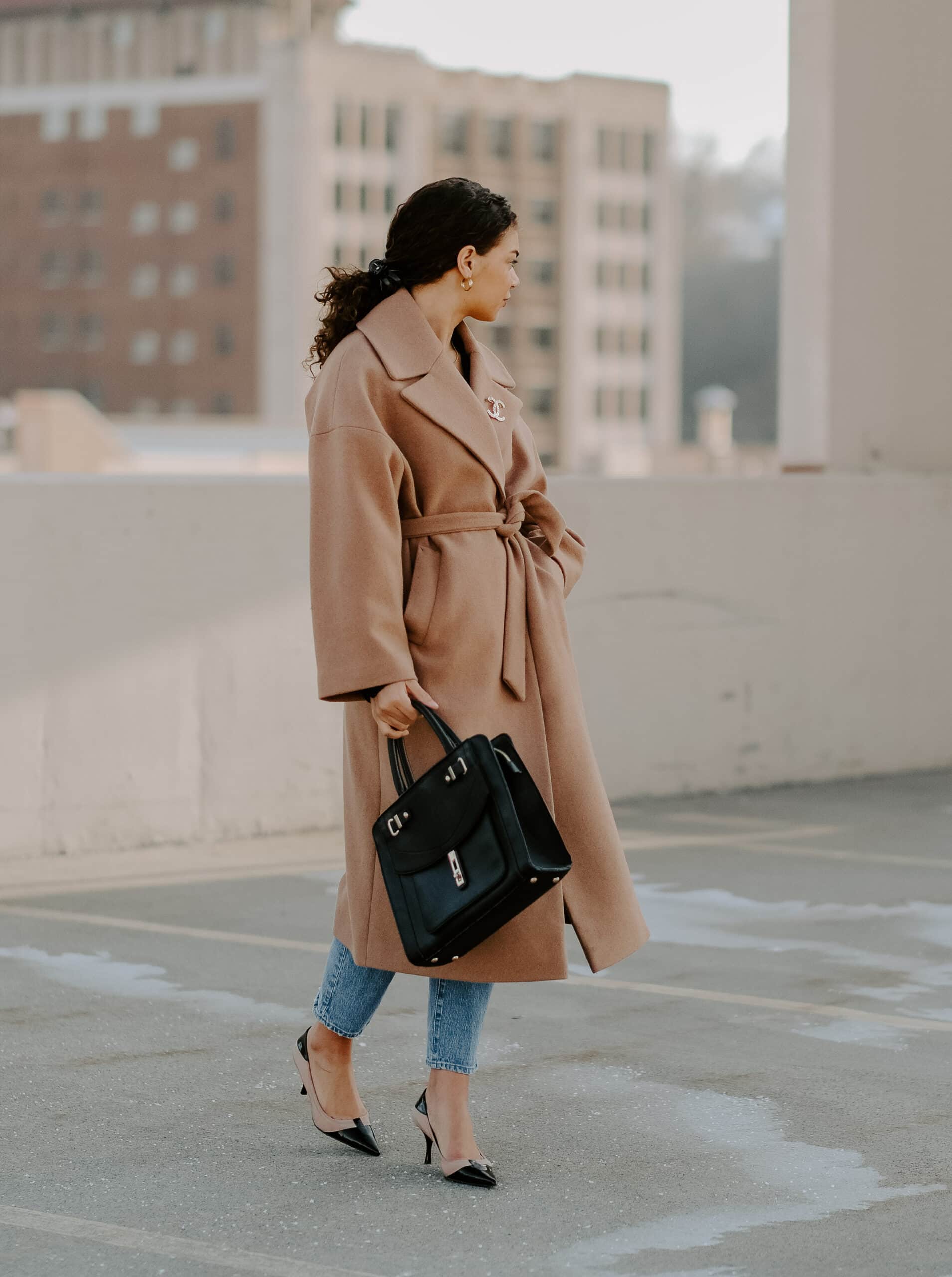 camel coat brooch outfit