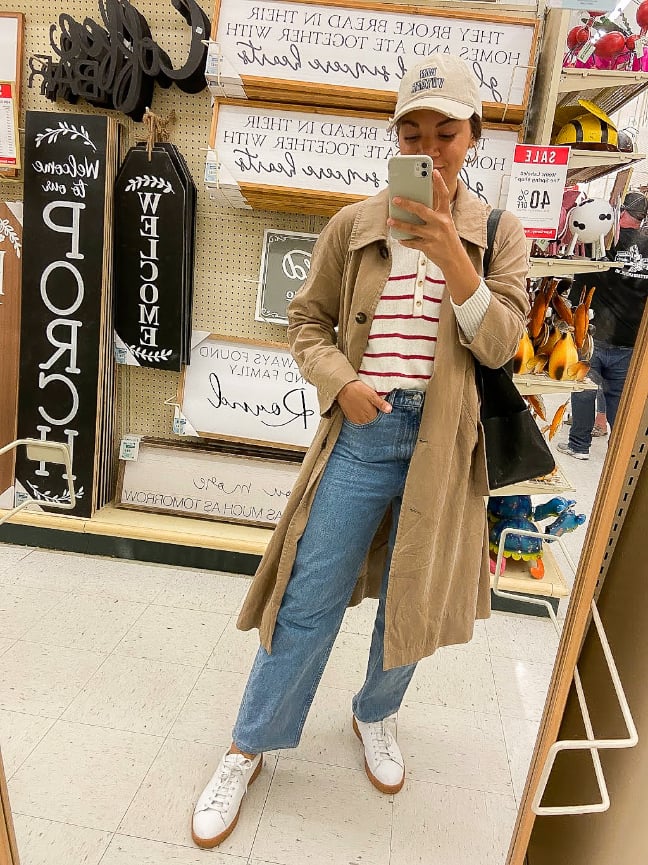 casual trench coat outfit at Hobby Lobby