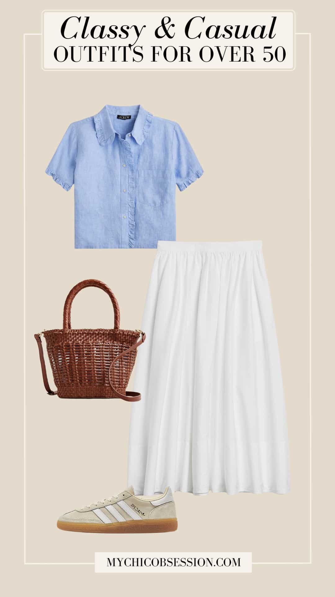 classy casual outfit for ladies over 50 - white midi skirt button down basket adidas spezials