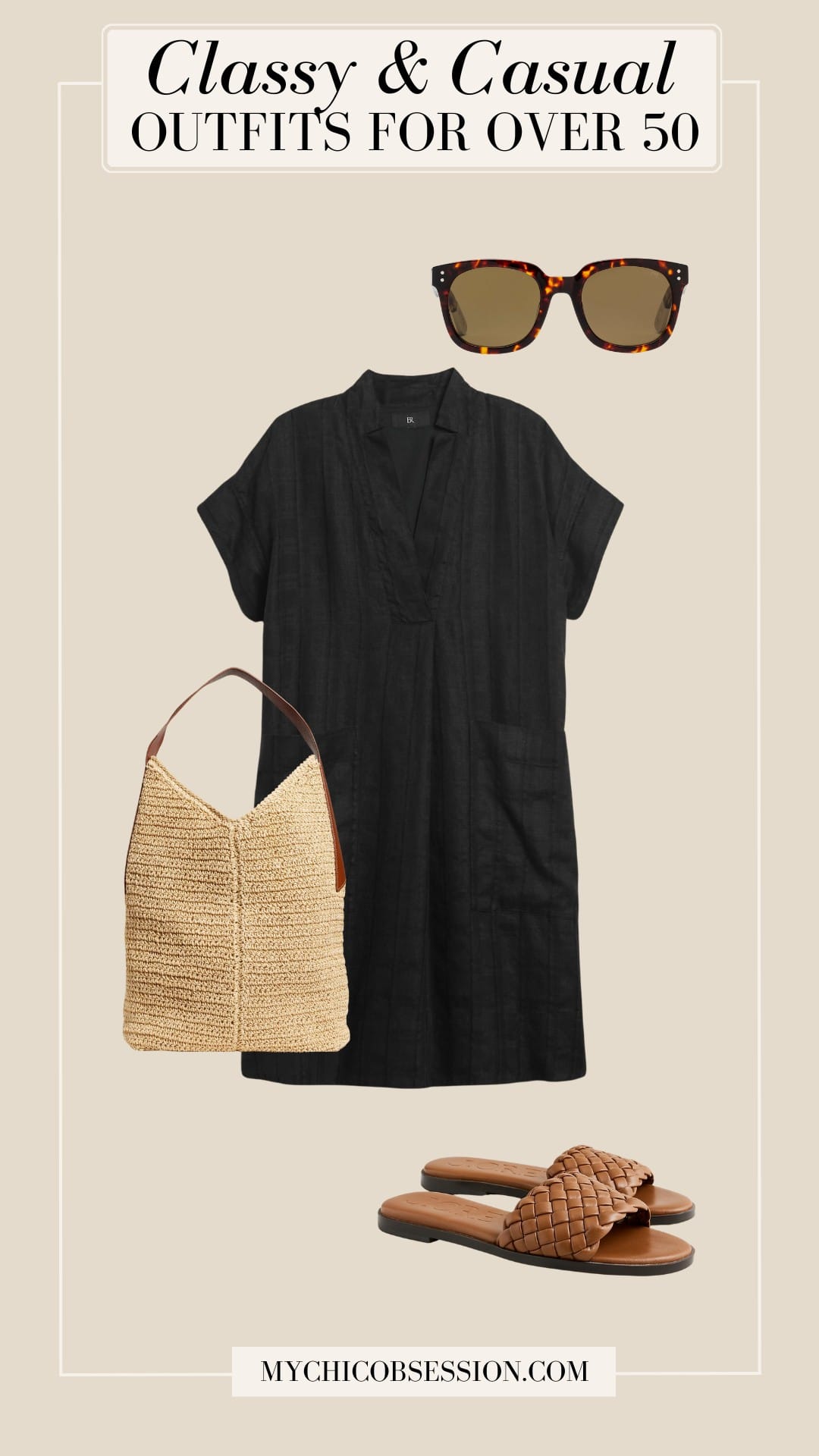 classy casual outfit for ladies over 50 - linen shirtdress sunglasses straw tote