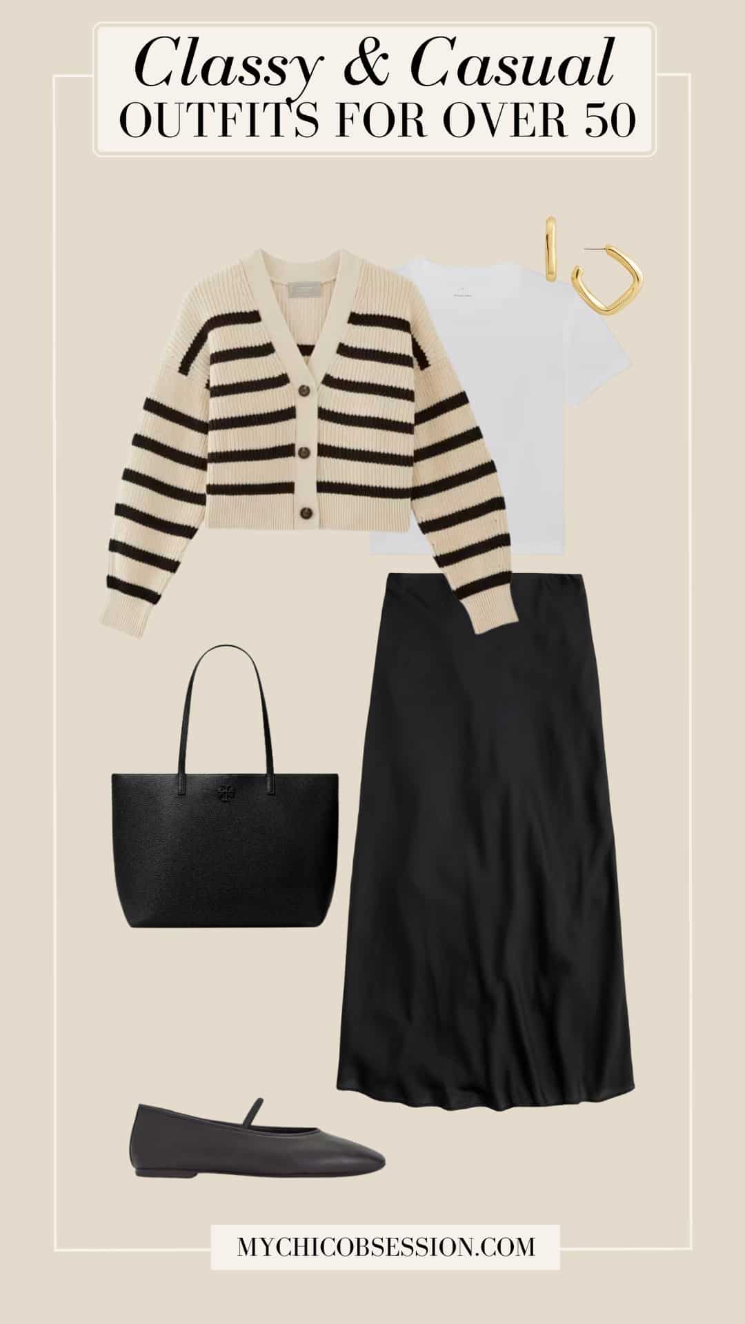 classy casual outfit for ladies over 50 - midi skirt white tee striped cardigan tote bag
