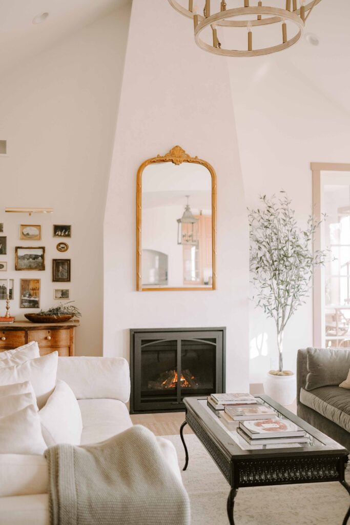 vintage dresser next to fireplace