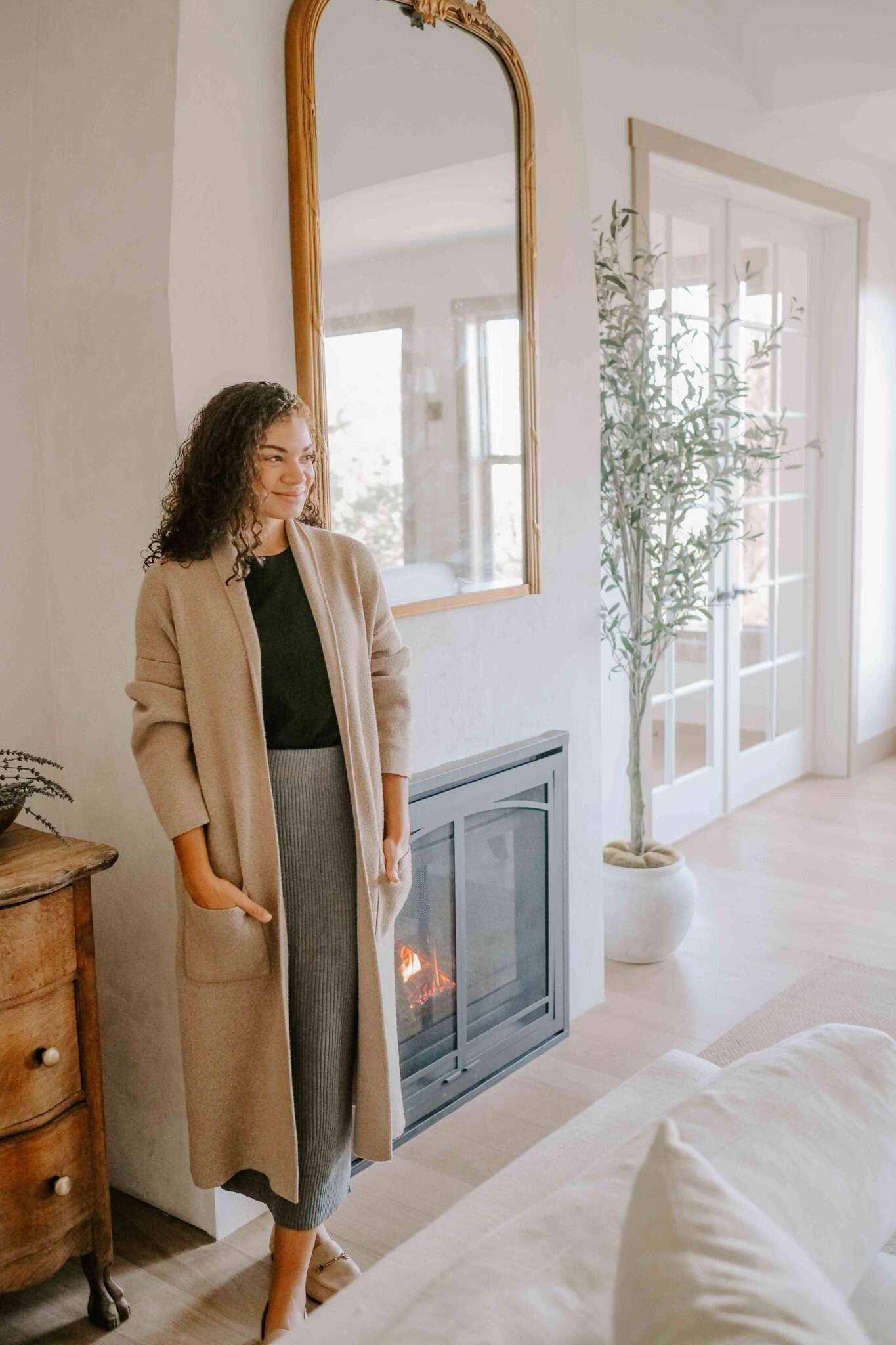 cozy European living room with gas fireplace