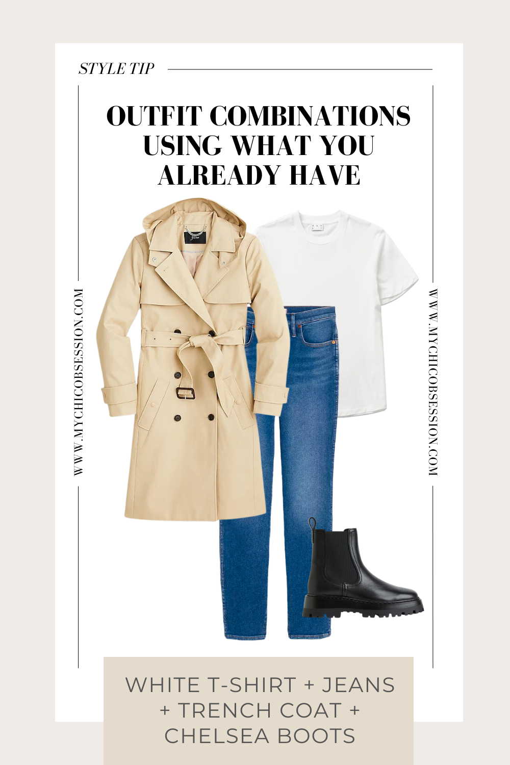 trench coat, t-shirt, jeans, and Chelsea boots outfit