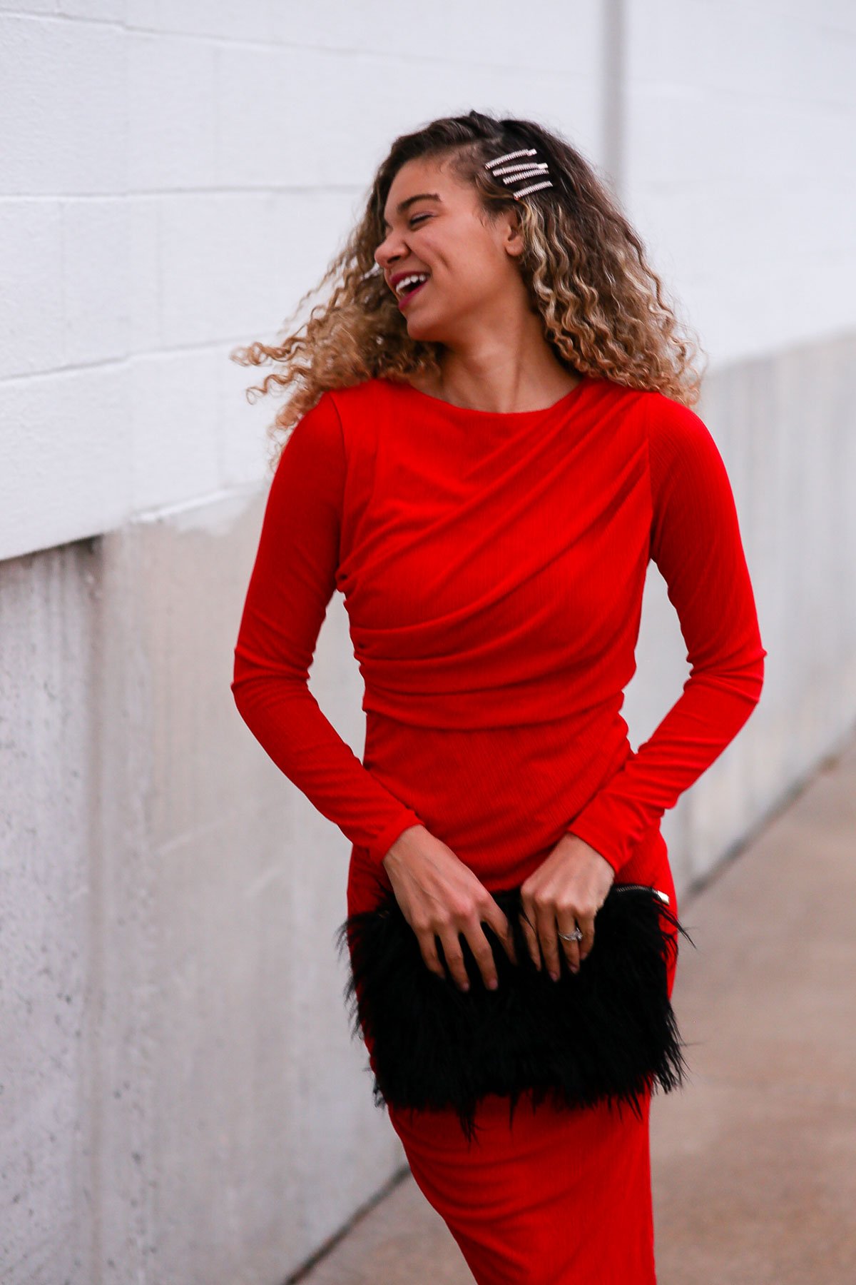 holiday outfits featuring a red dress and faux fur clutch