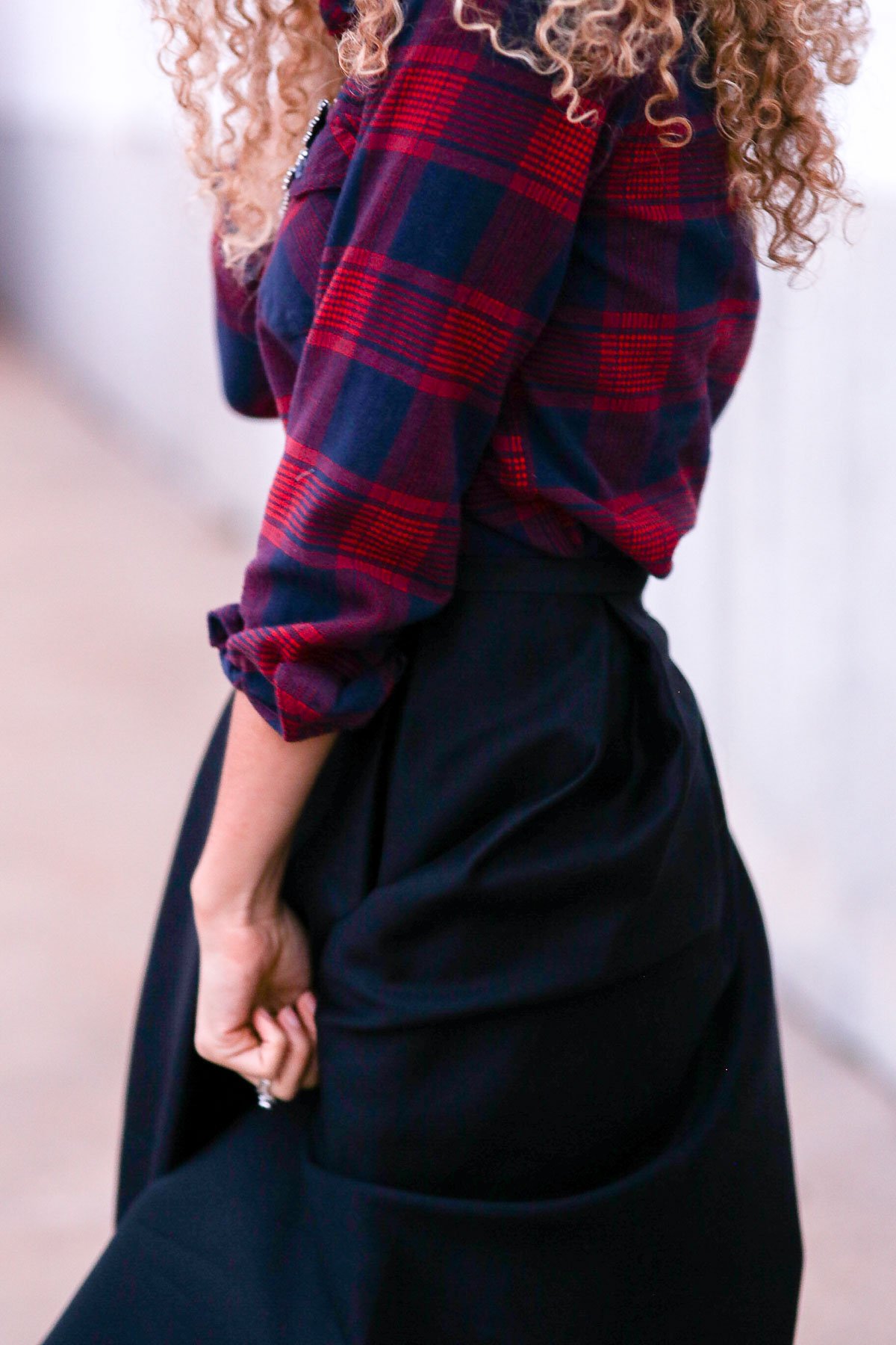 holiday outfits featuring a high waist skirt and a plaid shirt