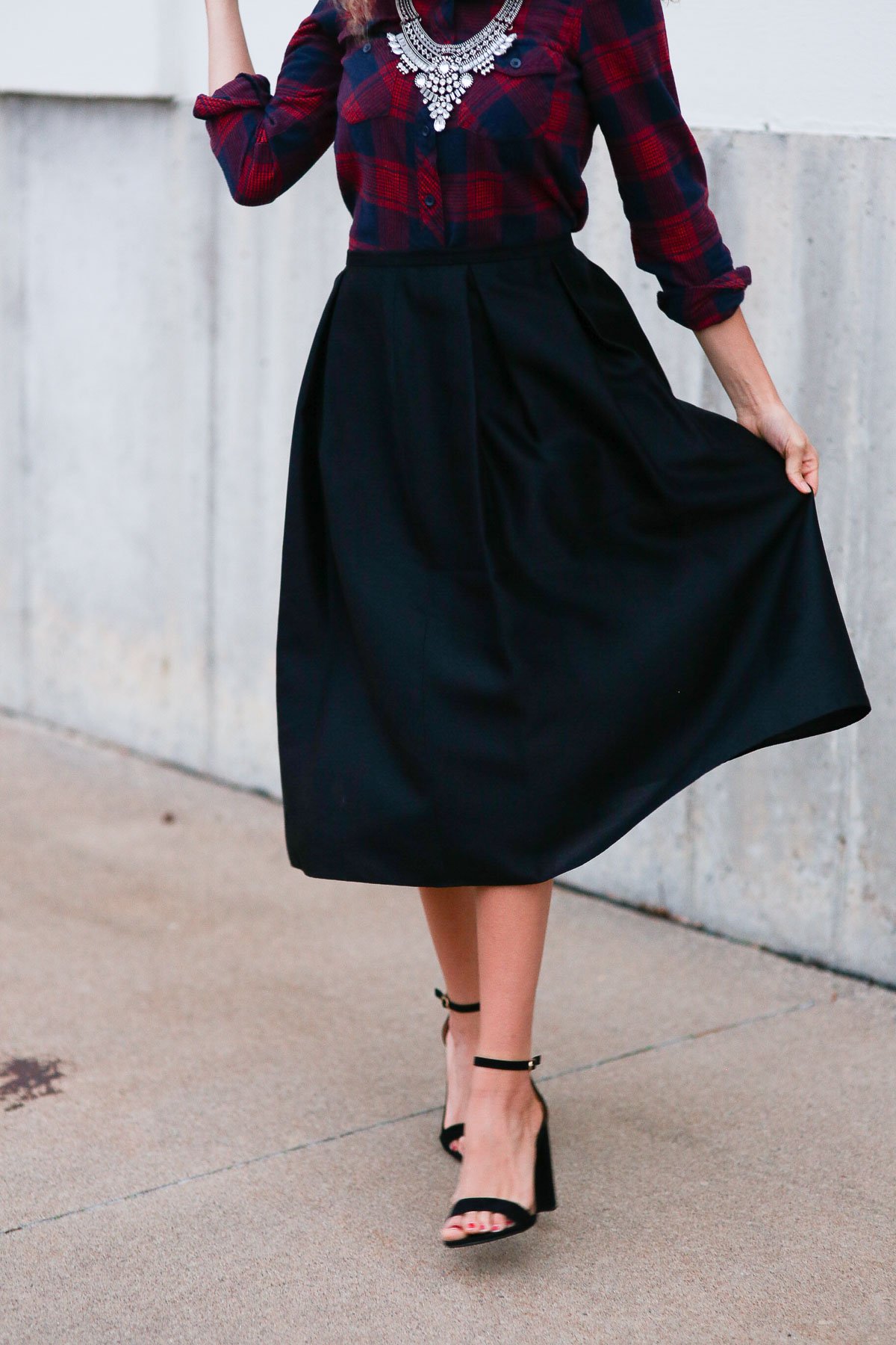 holiday outfits featuring a high waist skirt and a plaid shirt