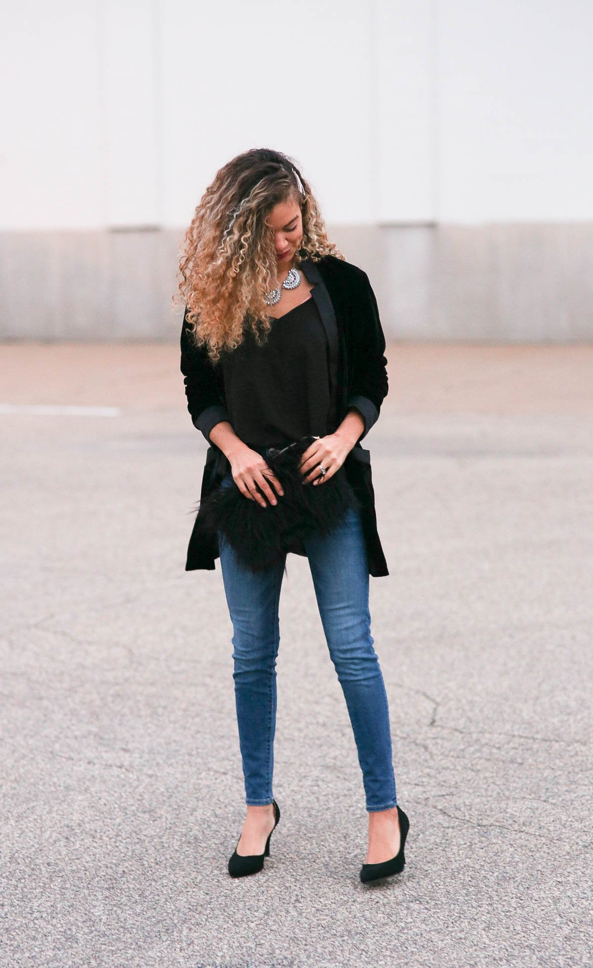 holiday outfits featuring a black velvet blazer