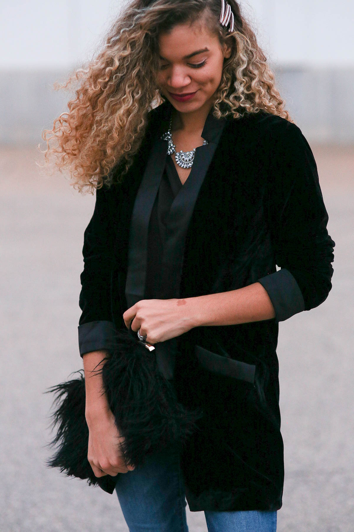 holiday outfits featuring a black velvet blazer