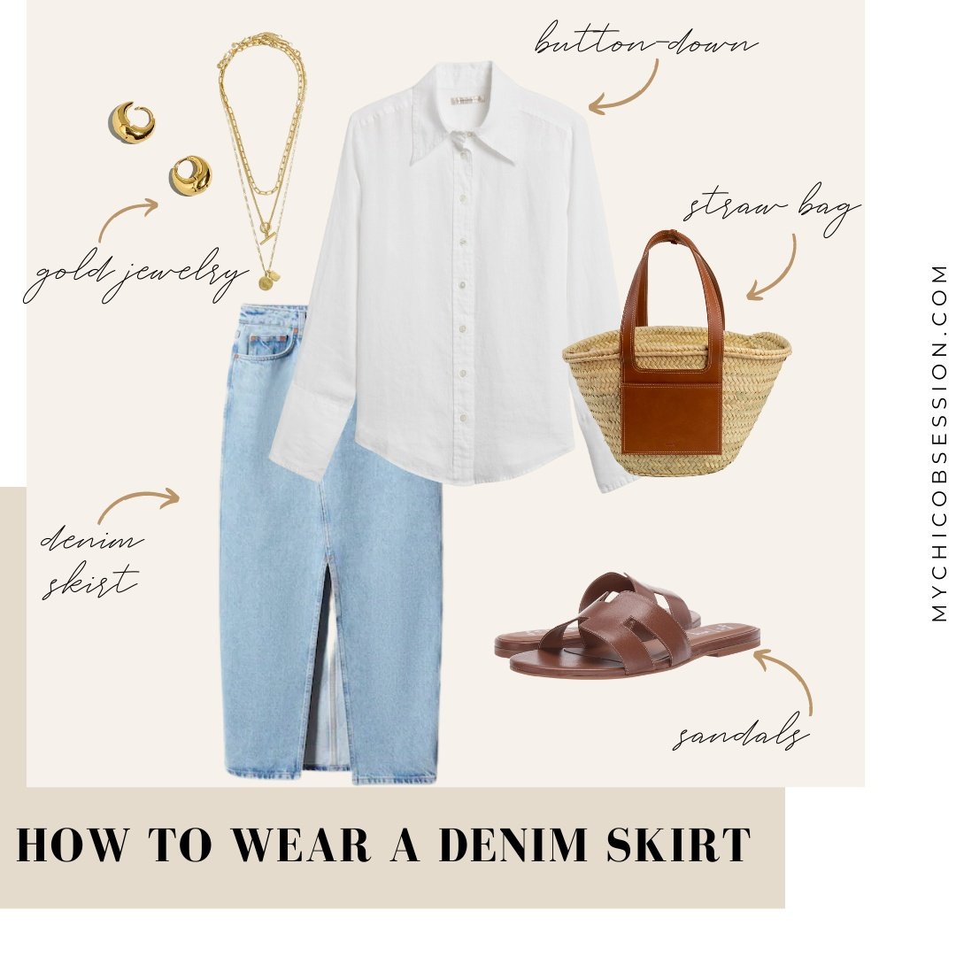 how to wear a denim skirt with a button down shirt