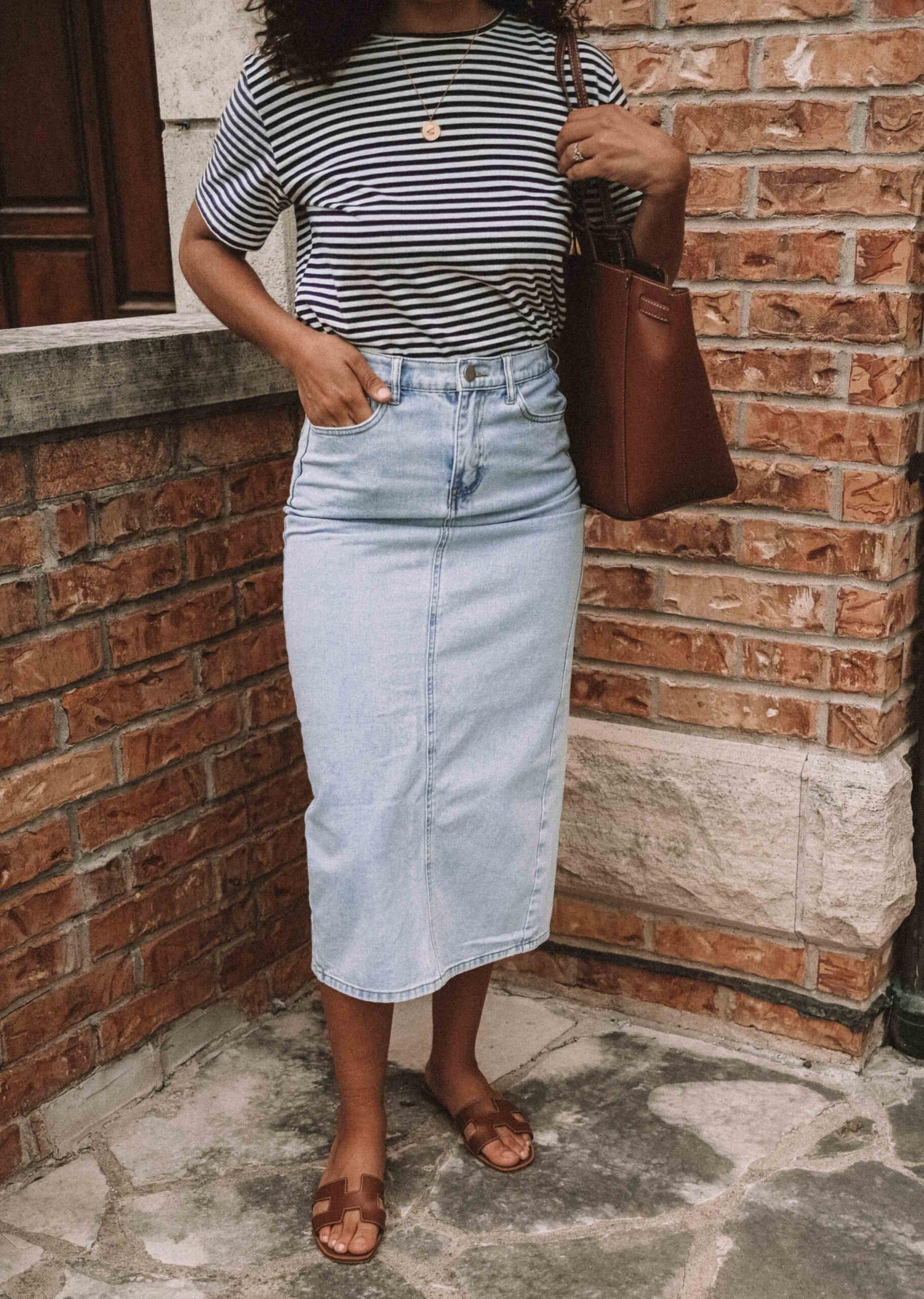 midi denim skirt outfit