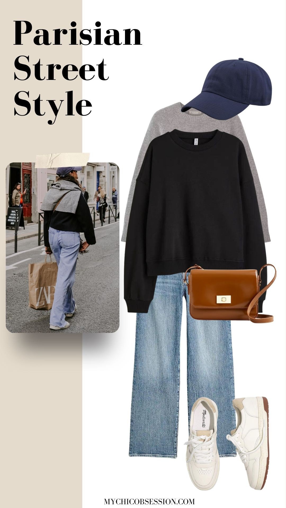 black sweatshirt + gray sweater over the shoulders + baseball cap