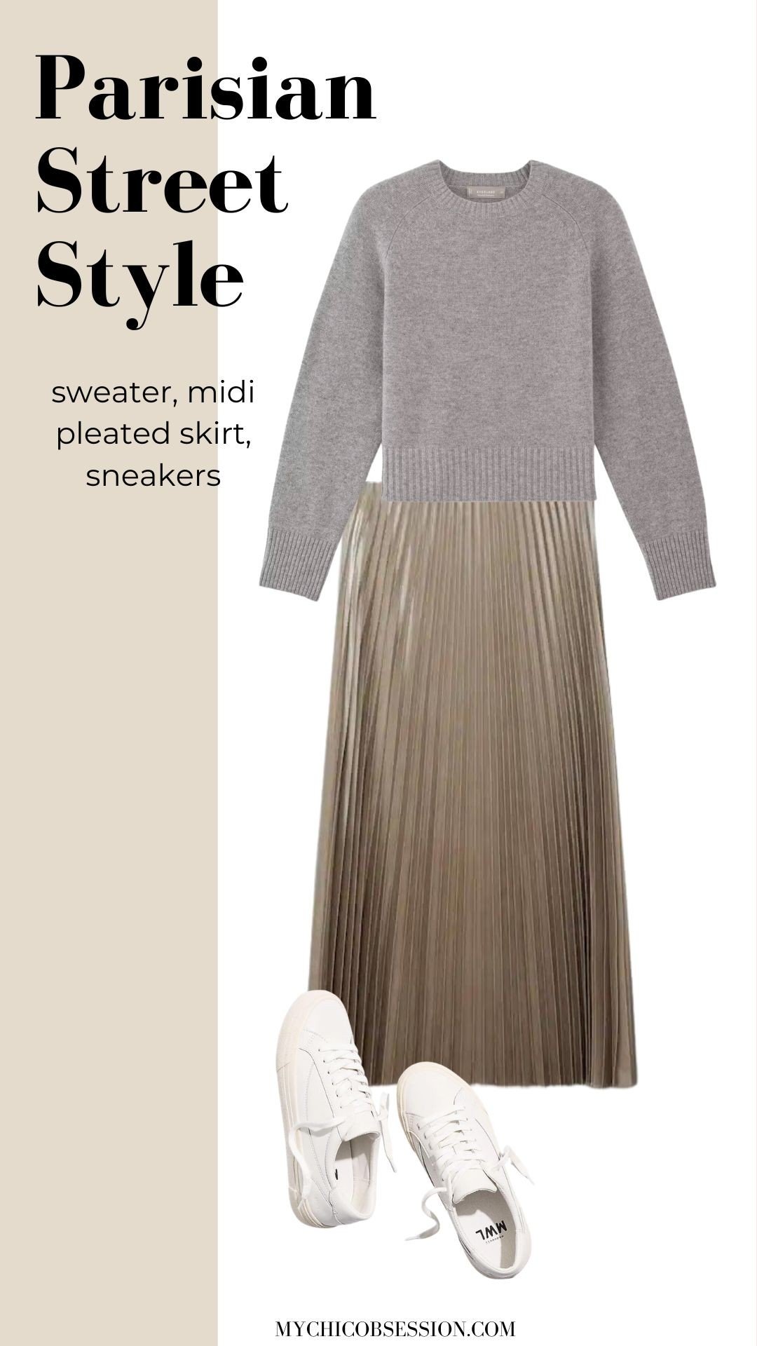 sweater + midi pleated skirt + sneakers