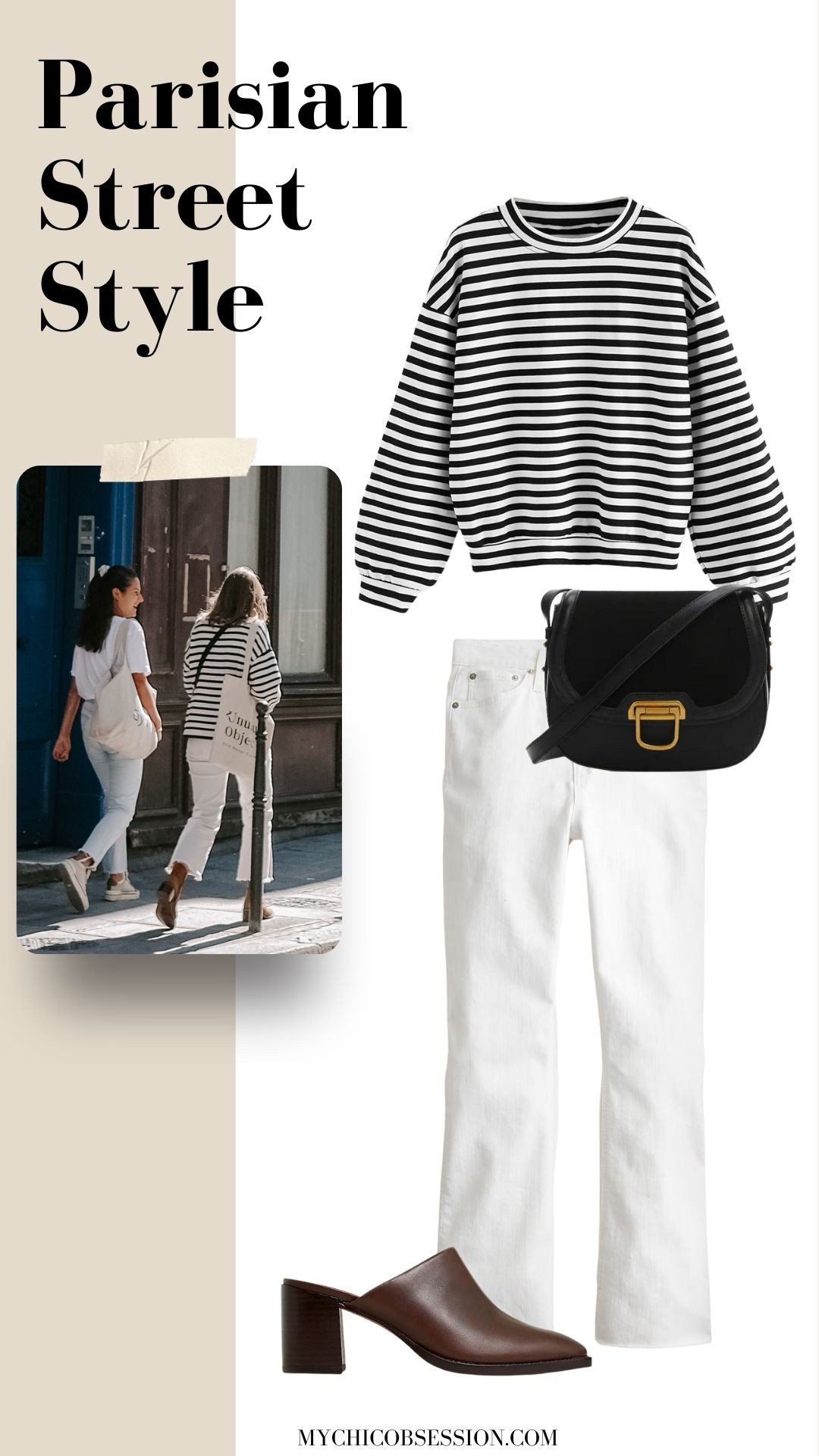 striped sweatshirt + white jeans + mule heels