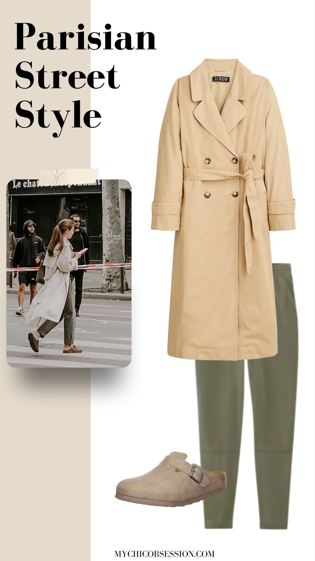 trench coat + olive pants + Birkenstock Bostons