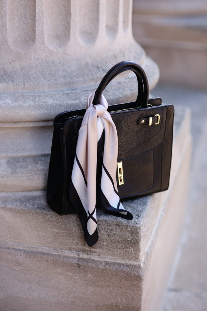 silk scarf tied on handbag