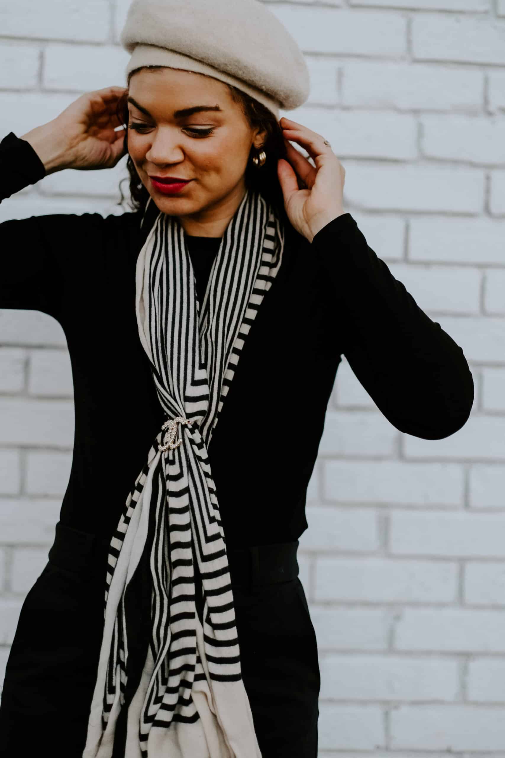 scarf and brooch outfit