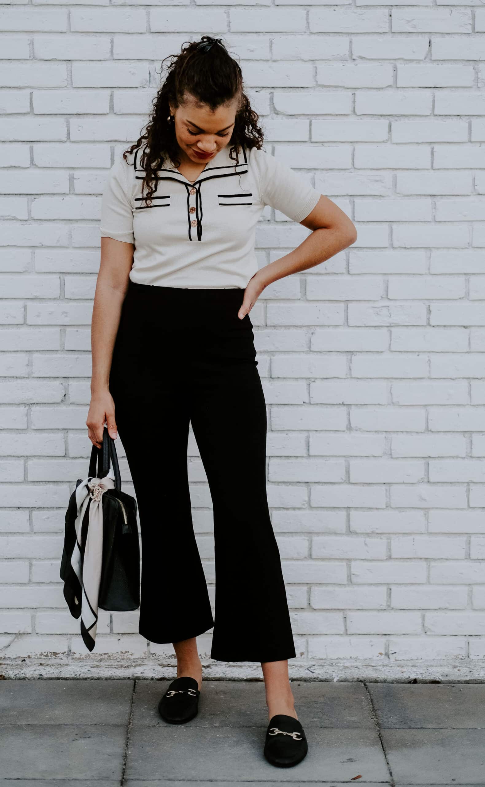 silk scarf and brooch outfit