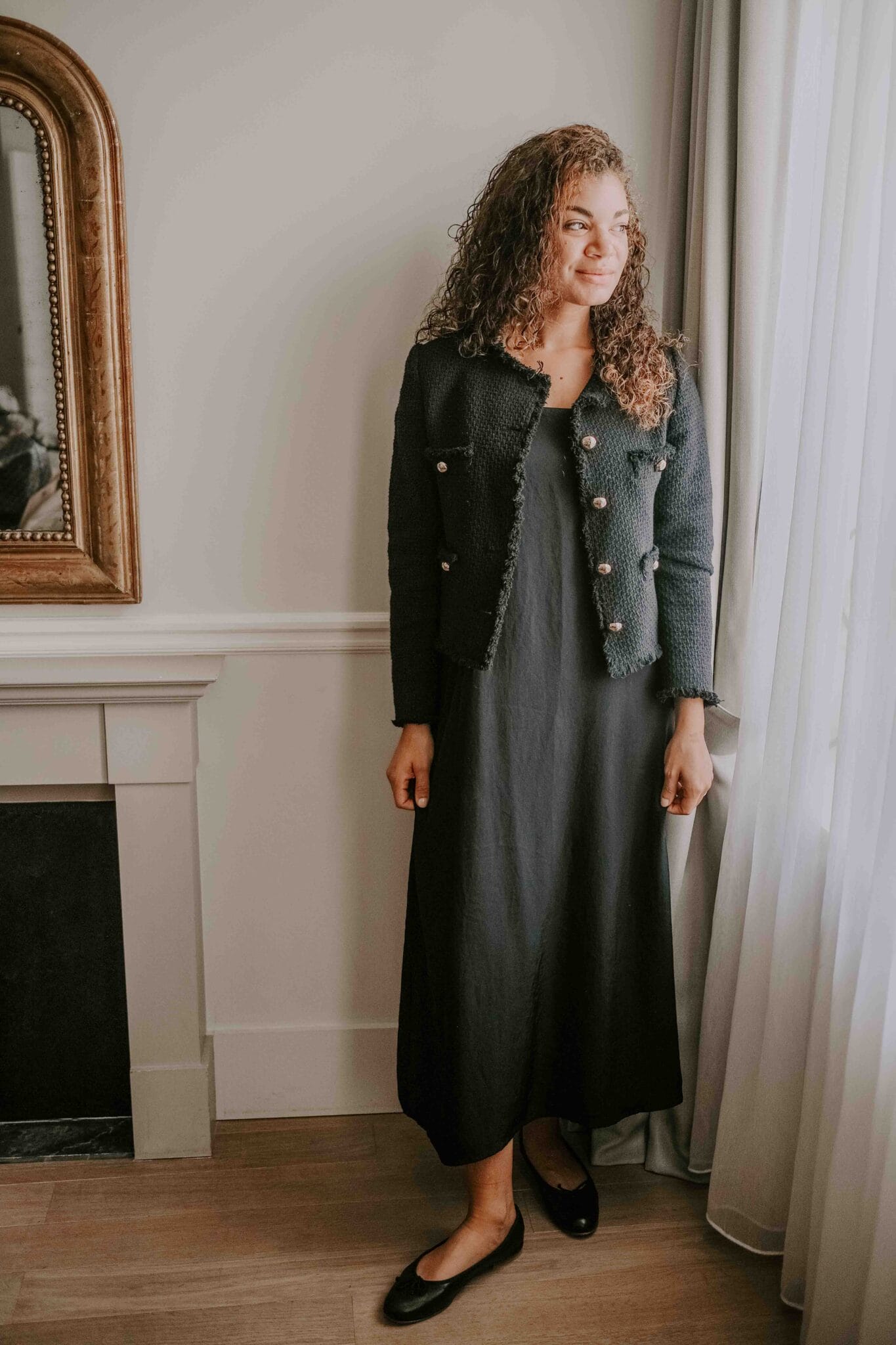 slip dress and tweed lady jacket