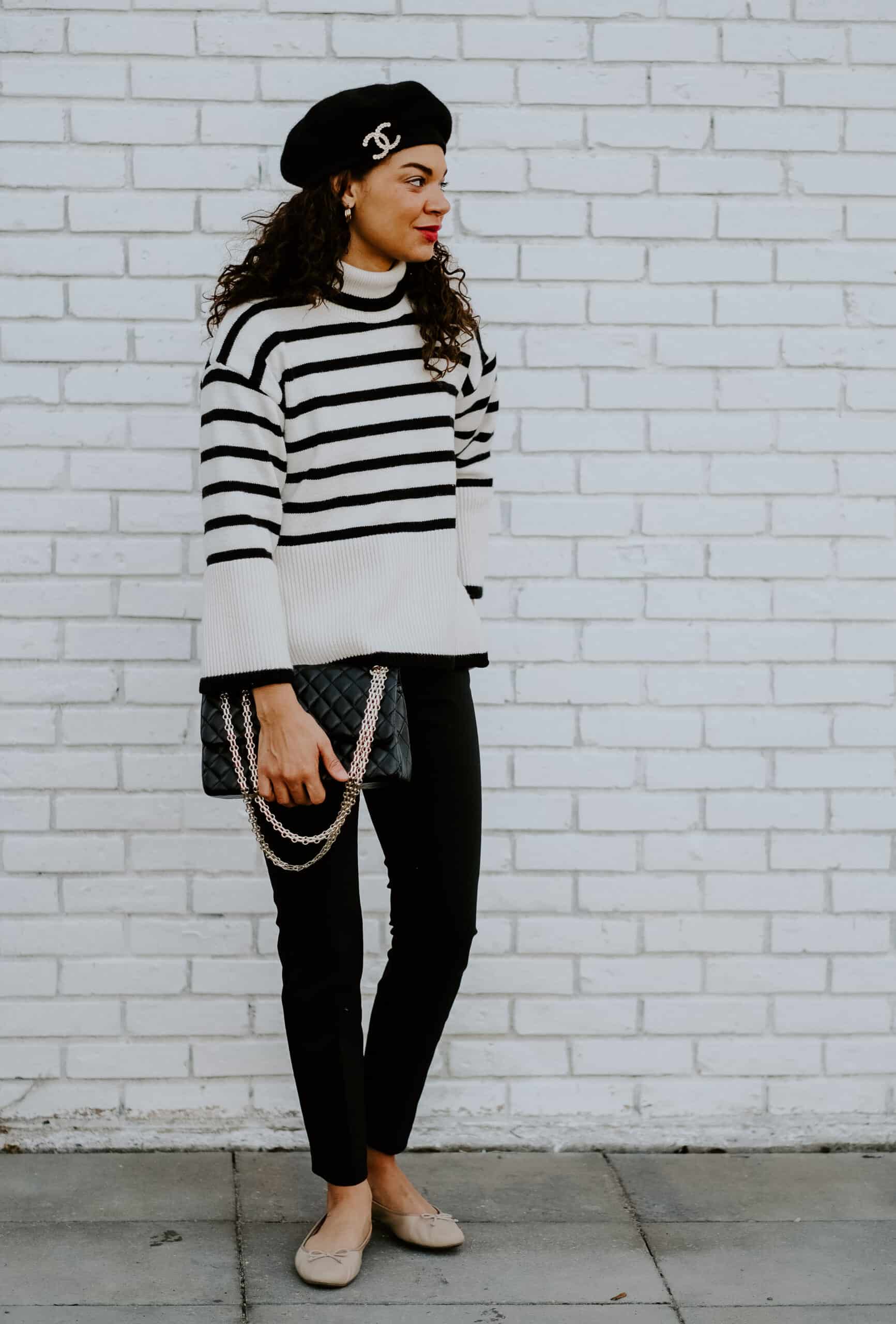 striped sweater and brooch outfit