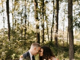 bride and groom at cake table