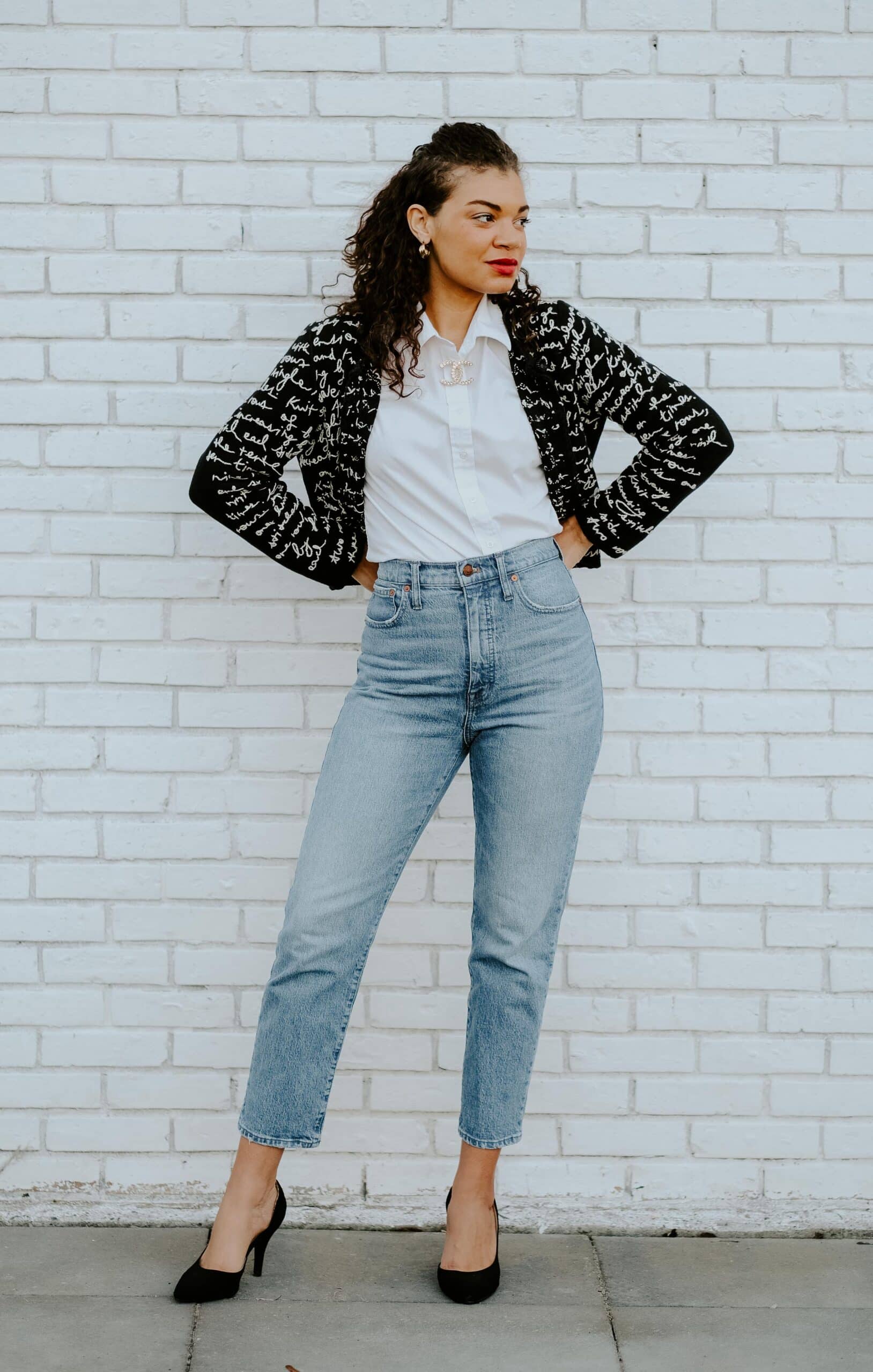 white button down and brooch outfit