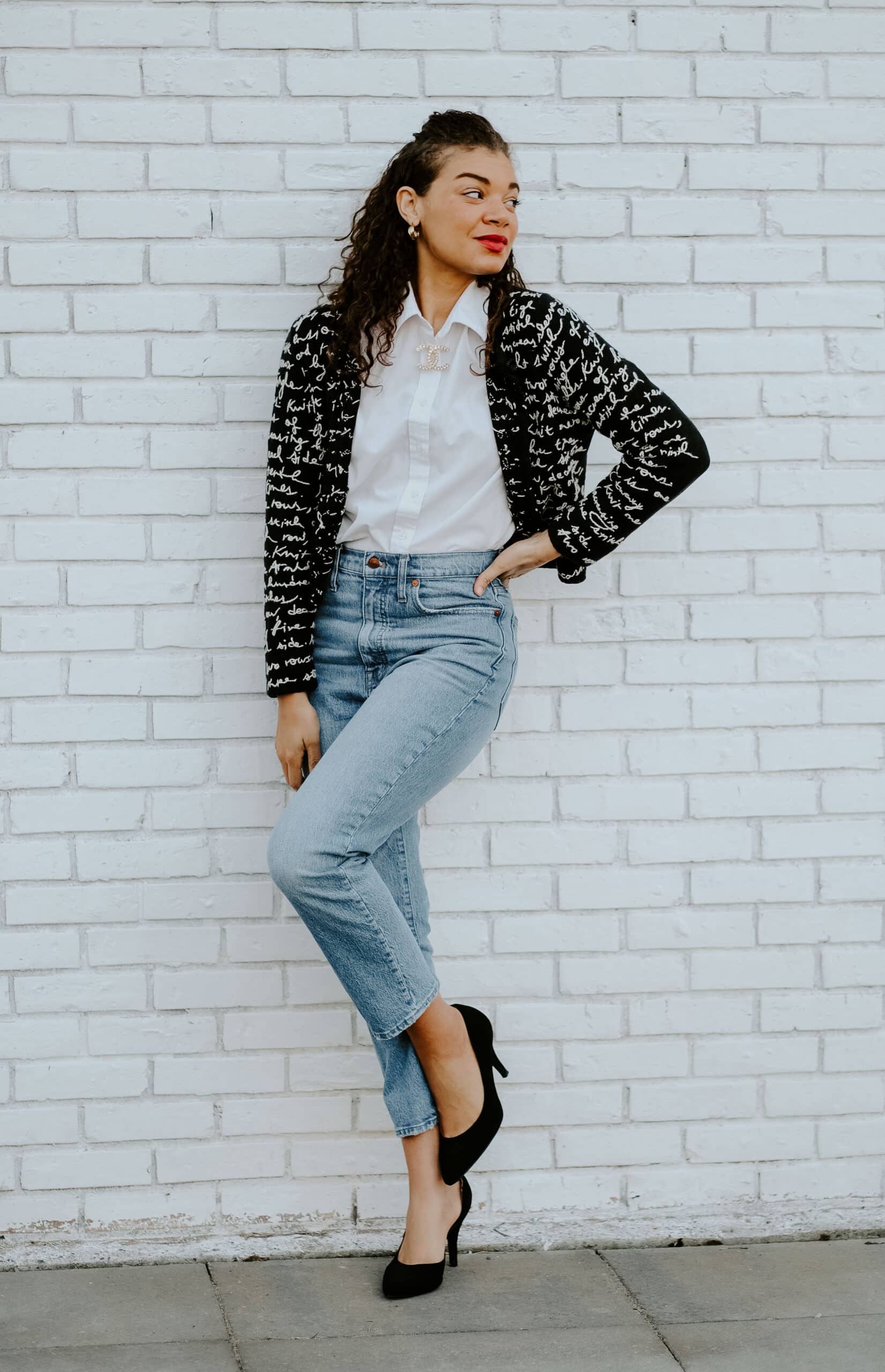 white button down and brooch outfit