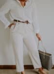 white linen button-down summer to fall outfit